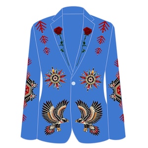 Customized Blue Mexican Eagle Embroidered 2 Pc Suit | Custom Charro Outfit with Rose & Aztec Motifs | Handmade Cultural Suit Wedding Wear