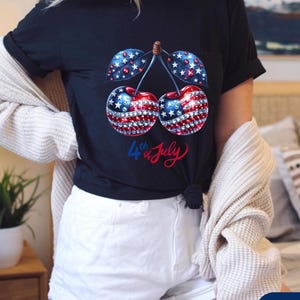 T-shirt patriottische kersen, uniseks T-shirt voor 4 juli, Onafhankelijkheidsdag, zomerbarbecue, vintage stijl rood wit blauwe kleding, feestelijk casual