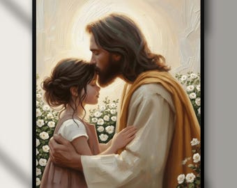 Jesus and Girl Art, Christian Wall Art, Jesus Hug Poster, Jesus and Child Print, Bible Verse Artwork, Printable Christian Art, Religious