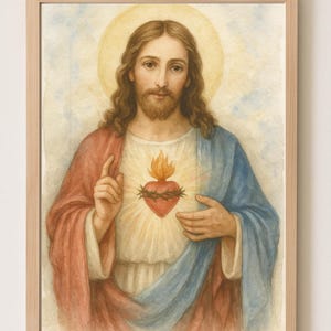 Watercolor Sacred Heart of Jesus Wall Art – Christian Printable Religious Poster – Catholic Home Decor – Jesus Christ Digital Download