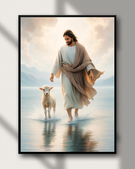 イエスと子羊のポスター、善き羊飼いの印刷物、99人を残す、キリスト教