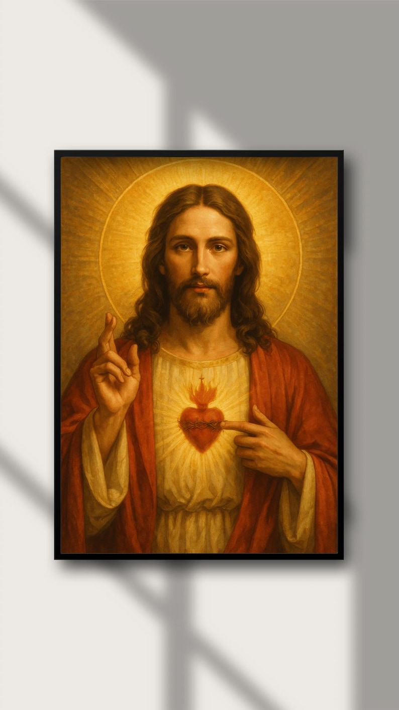 May include: Framed religious artwork depicting a man with long brown hair and a beard, wearing a red robe and white tunic. A golden halo surrounds his head. He points to a heart with a flame.