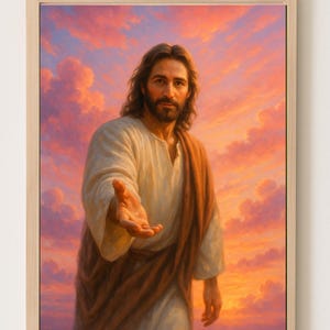 空から手を差し伸べるイエス — キリスト教の壁画、イエスのデジタル絵画、宗教画、神の手のポスター、印刷可能なイエスのアート