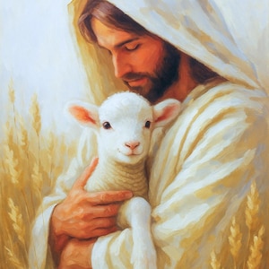 Jesús sosteniendo un cordero, arte mural cristiano, versículos bíblicos, póster de Jesús, arte del Salvador, ilustraciones cristianas imprimibles, Jesús y el cordero, arte SUD