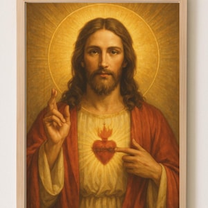 May include: Framed religious artwork featuring a portrait of Jesus Christ. He is depicted with long brown hair and a beard, wearing a red robe and a white tunic. A flaming heart is visible on his chest. The background has a golden halo.