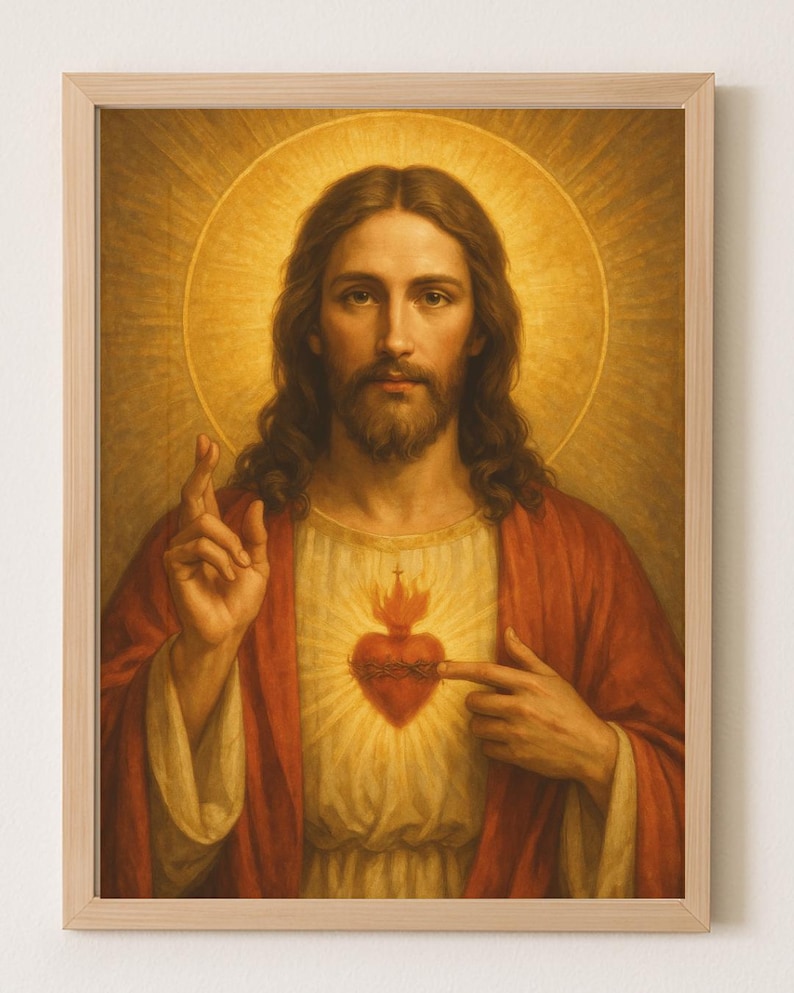 May include: Framed religious artwork featuring a portrait of Jesus Christ. He is depicted with long brown hair and a beard, wearing a red robe and a white tunic. A flaming heart is visible on his chest. The background has a golden halo.