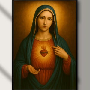 Puede incluir: Retrato religioso enmarcado de una mujer con expresión serena, vestida con velo azul y túnica roja y dorada. Un corazón brillante es visible en su pecho. La obra está sobre un fondo cálido y dorado.