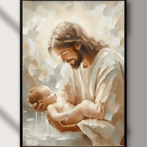 May include: An oil painting shows a figure with long brown hair and a beard cradling a baby. The figure wears a white robe, and the baby is unclothed. The artwork is framed in a black frame.