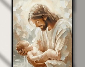 Jesus hält Baby, christliche Kinderzimmer Wandkunst, Jesus und Säugling Druck, Taufgeschenk, spiritueller Baby Segen Dekor