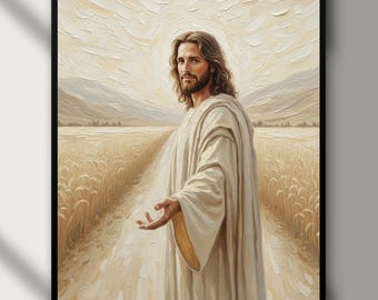 Peut inclure: Peinture encadrée représentant une figure en robes blanches avec de longs cheveux bruns et une barbe, sur fond de champ de blé et de ciel clair. L'œuvre a une palette de couleurs chaleureuse et une atmosphère sereine.