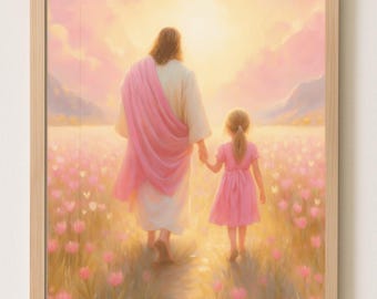 Jesus and Little Girl Poster – Christian Wall Art for Kids Room – Inspirational Print of Faith, Hope and Love – Jesus Holding Child Hand Art