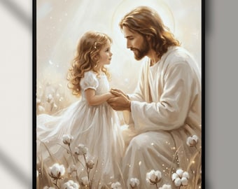 Lámina de Jesús y la niña, decoración cristiana para habitación infantil (descarga digital)