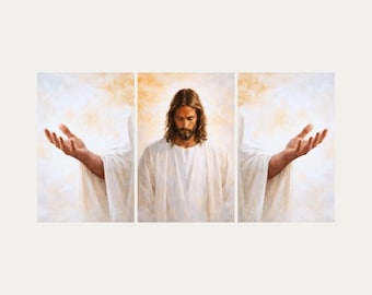 Gesù con le braccia aperte, stampa artistica da parete, stampa d'arte cristiana, mano tesa di Gesù, decorazione murale della fede, download digitale religioso