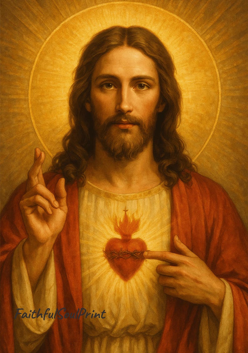 May include: A portrait of Jesus with long brown hair and a beard, wearing a red robe and a white tunic. A golden halo surrounds his head. He points to a heart with a crown of thorns and flames. The text "Faithful Soul Print" is visible.