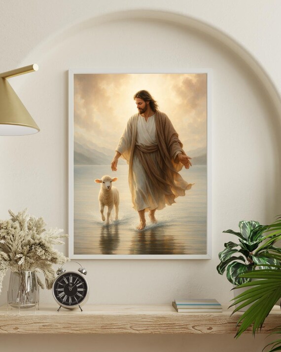 イエスと子羊のポスター、善き羊飼いの印刷物、99人を残す、キリスト教