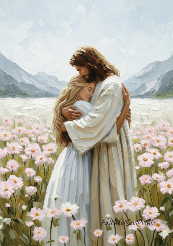His Love, Jesus Hugging Woman, Christian Wall Art, Biblical Love