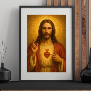 May include: Framed religious artwork featuring a portrait of Jesus Christ. The image depicts Jesus with long brown hair and a beard, wearing a red robe and a white tunic. A glowing halo surrounds his head. A flaming heart is visible on his chest.