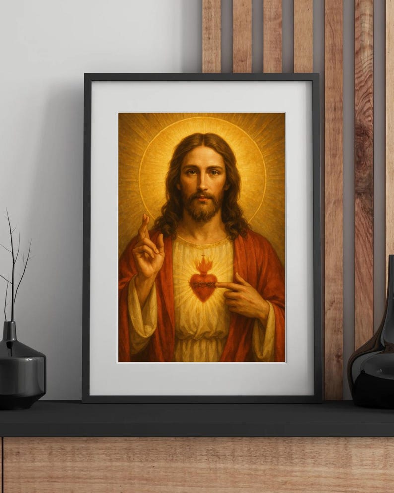 May include: Framed religious artwork featuring a portrait of Jesus Christ. The image depicts Jesus with long brown hair and a beard, wearing a red robe and a white tunic. A glowing halo surrounds his head. A flaming heart is visible on his chest.