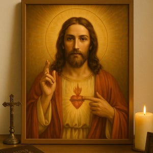 May include: A framed portrait of Jesus Christ, depicted with long brown hair and a beard, wearing a red robe and pointing to a heart symbol. The image is set against a golden halo, with a bible and a candle in the foreground.