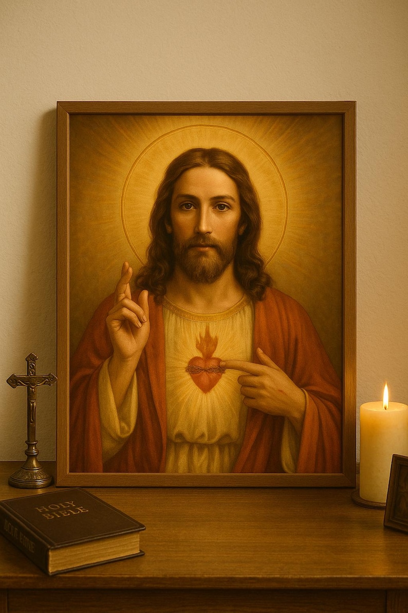 May include: A framed portrait of Jesus Christ, depicted with long brown hair and a beard, wearing a red robe and pointing to a heart symbol. The image is set against a golden halo, with a bible and a candle in the foreground.