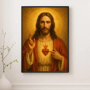 May include: A framed religious portrait depicts a figure with long brown hair and a beard, wearing a red robe and a white tunic. A golden halo surrounds the figure's head. The figure points to a flaming heart on their chest.