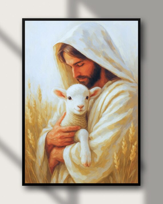 子羊を抱くイエスのアート、キリスト教聖書の一節の壁アート（デジタル