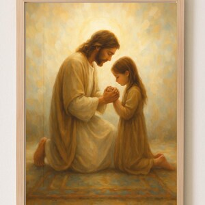 Jesus Praying with Child Digital Print – Christian Nursery Wall Art, Religious Kids Room Decor, Faith Poster, Instant Download