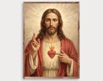 Sacred Heart of Jesus Poster – Catholic Wall Art for Prayer Room, Religious Gift, Christian Home Decor, Printable Jesus Portrait