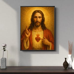 May include: Framed religious artwork depicting a figure with long brown hair and a beard, wearing a red robe and a white tunic. A golden halo surrounds the figure's head. A flaming heart is visible on the chest. The artwork is displayed on a dark wooden surface.