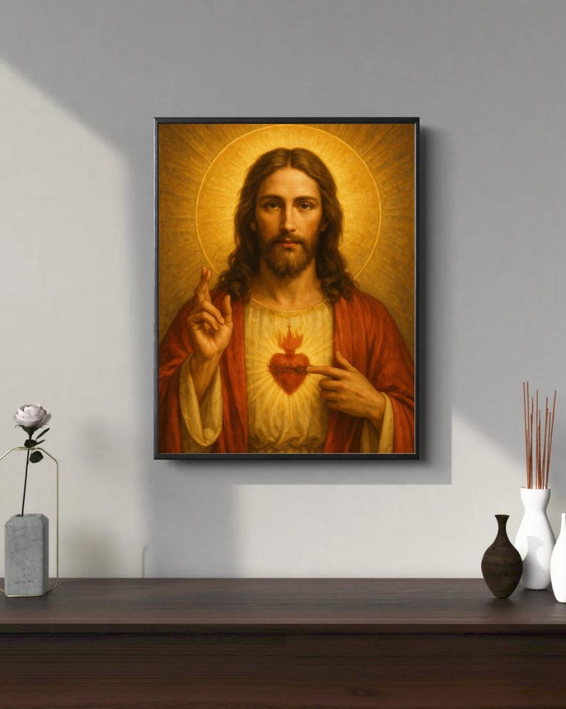 May include: Framed religious artwork depicting a figure with long brown hair and a beard, wearing a red robe and a white tunic. A golden halo surrounds the figure's head. A flaming heart is visible on the chest. The artwork is displayed on a dark wooden surface.