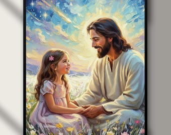 Jesús con niña en un campo de flores / Arte mural cristiano imprimible / Descarga digital de Jesús y el niño / Decoración bíblica para guardería / Regalo de arte SUD