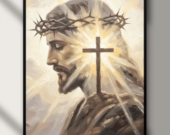 Op de afbeelding: Een ingelijst schilderij toont een portret van Jezus Christus in profiel, met een doornenkroon. Een houten kruis staat op de voorgrond. Het kunstwerk is uitgevoerd in warme, aardse tinten met zacht, diffuus licht.