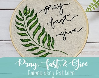 PDF Embroidery Pattern Pray Fast Give Modern Catholic Embroidery Pattern Palm Branch Art Lenten Embroidery Pattern DIY Christian Lent Decor