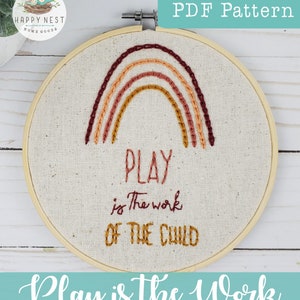 May include: Embroidery pattern for a hoop art project featuring a rainbow with the text "Play is the work of the child".