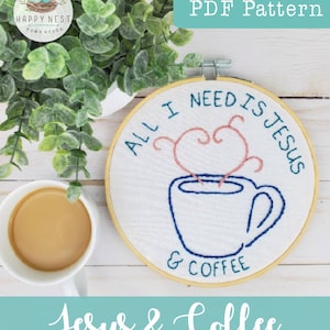 PDF Jesus and Coffee Embroidery Pattern Modern Catholic Embroidery Pattern Beginner Embroidery Pattern Easy DIY Craft Housewarming Decor Art