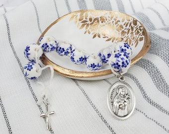 Sacrifice Beads Blue China Flowers St Therese Good Deed Bead Floral Ceramic Rosary Catholic Wedding Bridesmaid Gift Prayer bead Confirmation