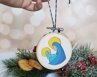 Madonna and Child Christmas Ornament 3 inch Embroidery Hoop, Handmade Christmas Ornament, Teacher Gift, Christmas Decoration minimalist gift