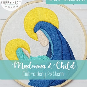 Madonna and Child PDF Embroidery Pattern Modern Catholic Embroidery Christian Mary and Jesus Hoop DIY Christmas Ornament Embroidery Pattern