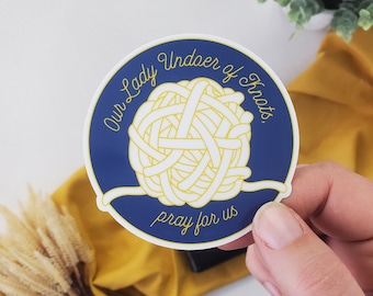 Our Lady Undoer of Knots Vinyl Sticker, dishwasher safe, Catholic sticker, Sewing Sticker, embroidery gift, catholic crafter gift under 5