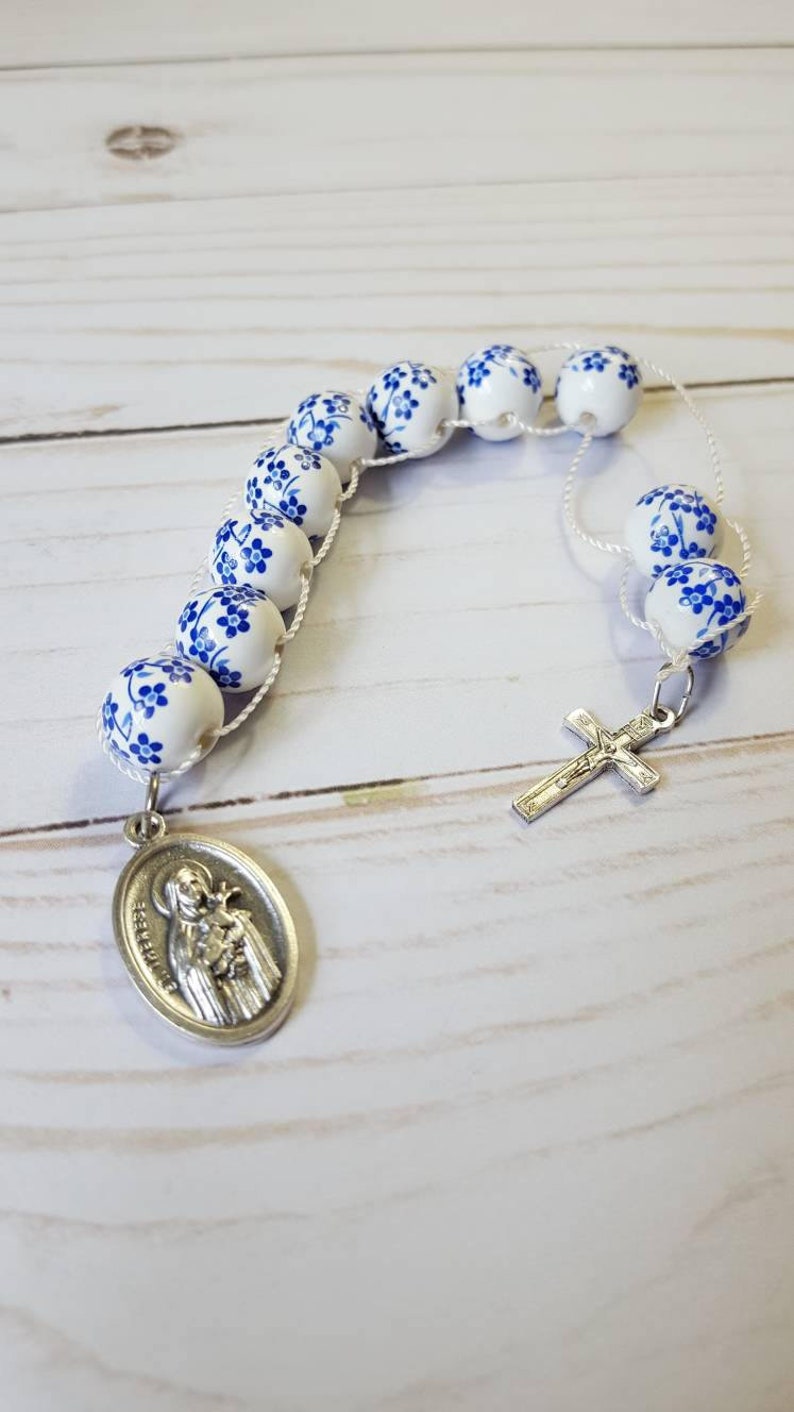 Sacrifice Beads Blue China Flowers St Therese Good Deed Bead Floral Ceramic Rosary Catholic Wedding Bridesmaid Gift Prayer bead Confirmation image 3