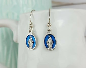 Miraculous Medal Blue Enamel Earrings, Marian jewelry Confirmation Gift Catholic Jewelry RCIA Gift Jewelry Catholic Bridesmaid Gift Under 20