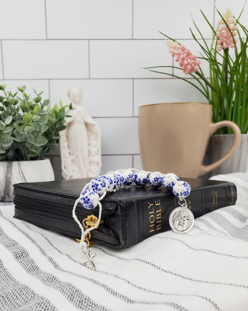 Sacrifice Beads Blue China Flowers St Therese Good Deed Bead Floral Ceramic Rosary Catholic Wedding Bridesmaid Gift Prayer bead Confirmation image 8