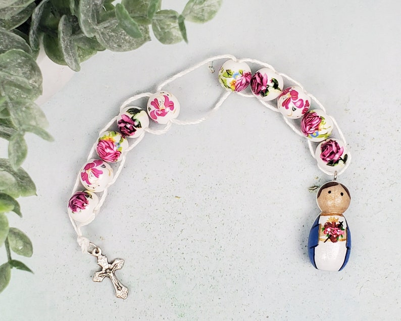 Immaculate Heart of Mary Peg Doll Sacrifice Beads, Vintage Roses Ceramic Bead Good Deed Beads Gift Catholic Easter Gift Prayer Bead Tiny Peg image 1