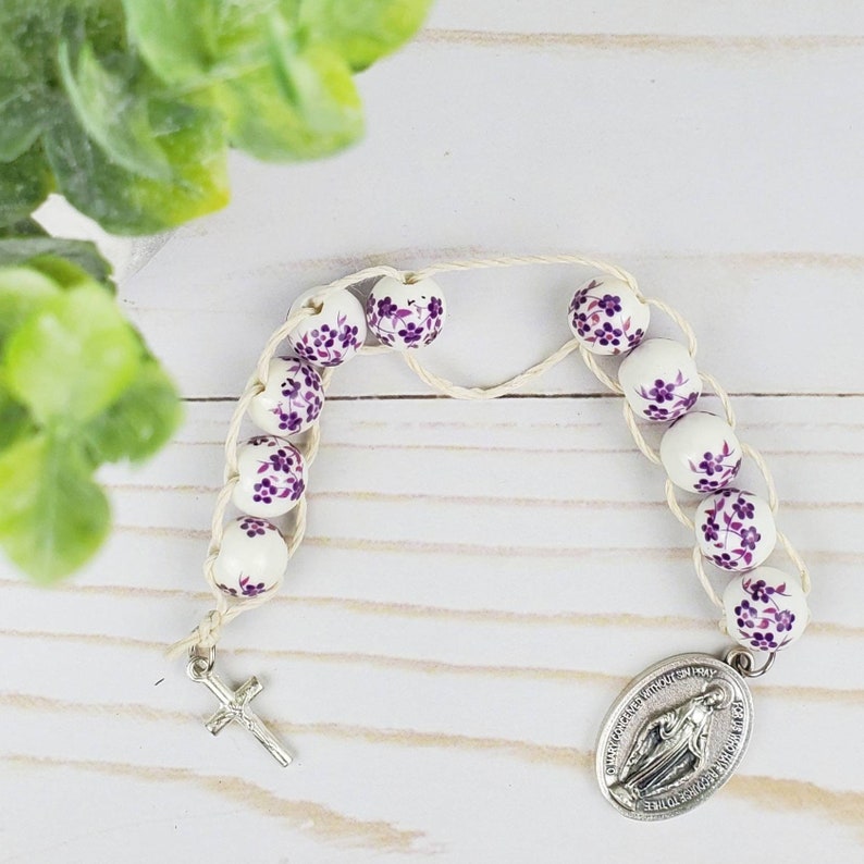 Sacrifice Beads Purple Floral Ceramic Bead St Therese Good Deed Beads Confirmation Gift Rosary Catholic Wedding Gift Bridesmaid Prayer Bead image 1