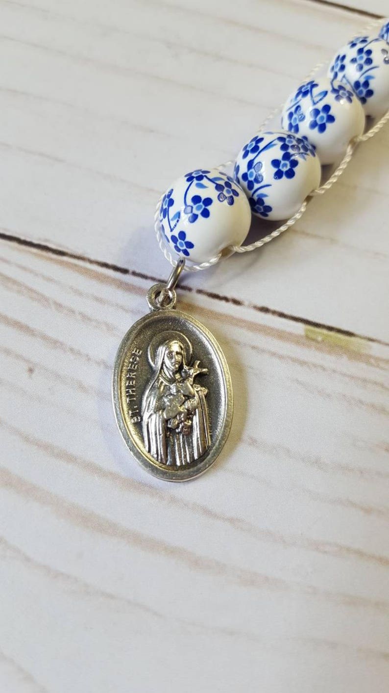 Sacrifice Beads Blue China Flowers St Therese Good Deed Bead Floral Ceramic Rosary Catholic Wedding Bridesmaid Gift Prayer bead Confirmation image 7