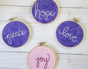 Advent Wreath Four-Piece Embroidery Hoop Set, Hope Peace Joy Love, Advent Decoration, Family Altar, Advent Gift, Christmas Gift, Liturgical