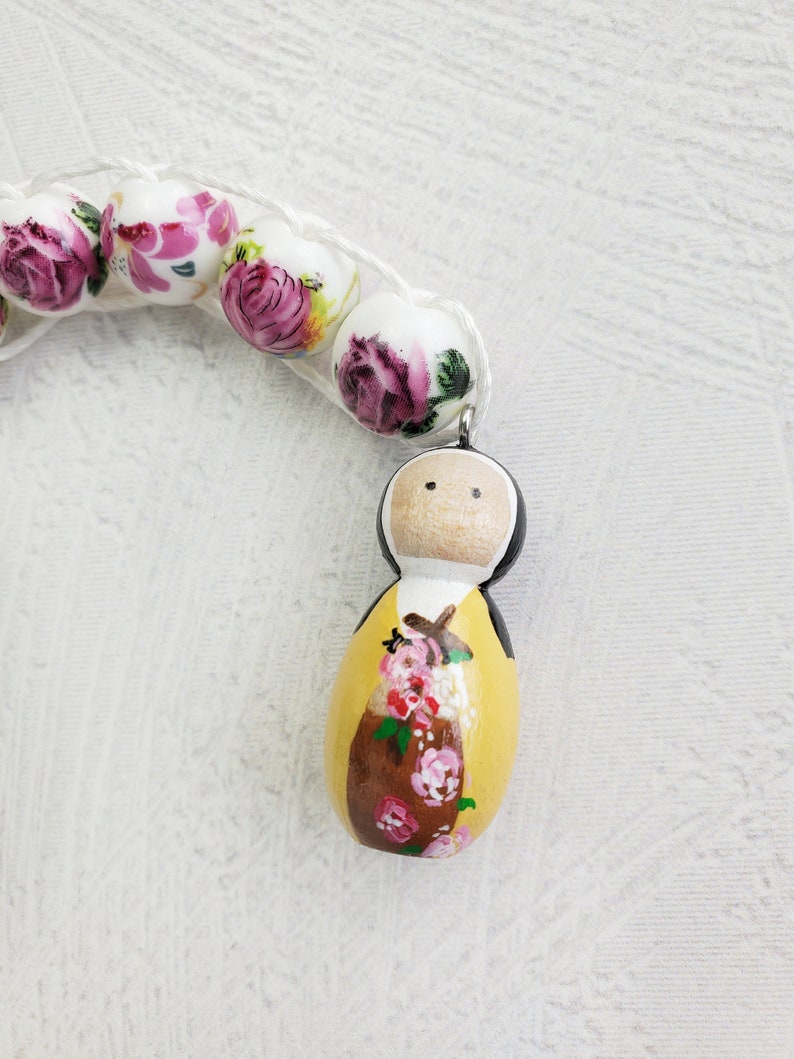 St Therese Peg Doll Sacrifice Beads Vintage Roses Ceramic Bead Good Deed Beads Gift Catholic Easter Gift Prayer Bead Mini Peg communion gift image 4