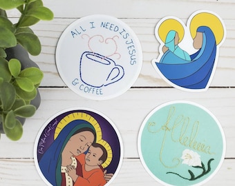 Catholic 4 pack Vinyl Stickers set, Catholic sticker, Christian sticker, Mary and Jesus stickers, Alleluia sticker, Jesus and Coffee sticker