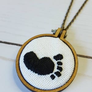Footprint Embroidered Necklace, Miscarriage Remembrance, Mother&#39;s Necklace, Footprints Prayer, Tiny hoop necklace, Pro-life jewelry, New mom