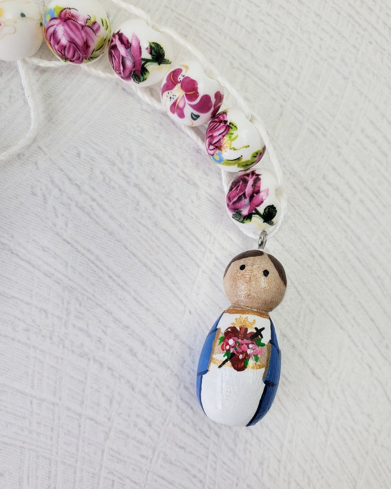 Immaculate Heart of Mary Peg Doll Sacrifice Beads, Vintage Roses Ceramic Bead Good Deed Beads Gift Catholic Easter Gift Prayer Bead Tiny Peg image 8